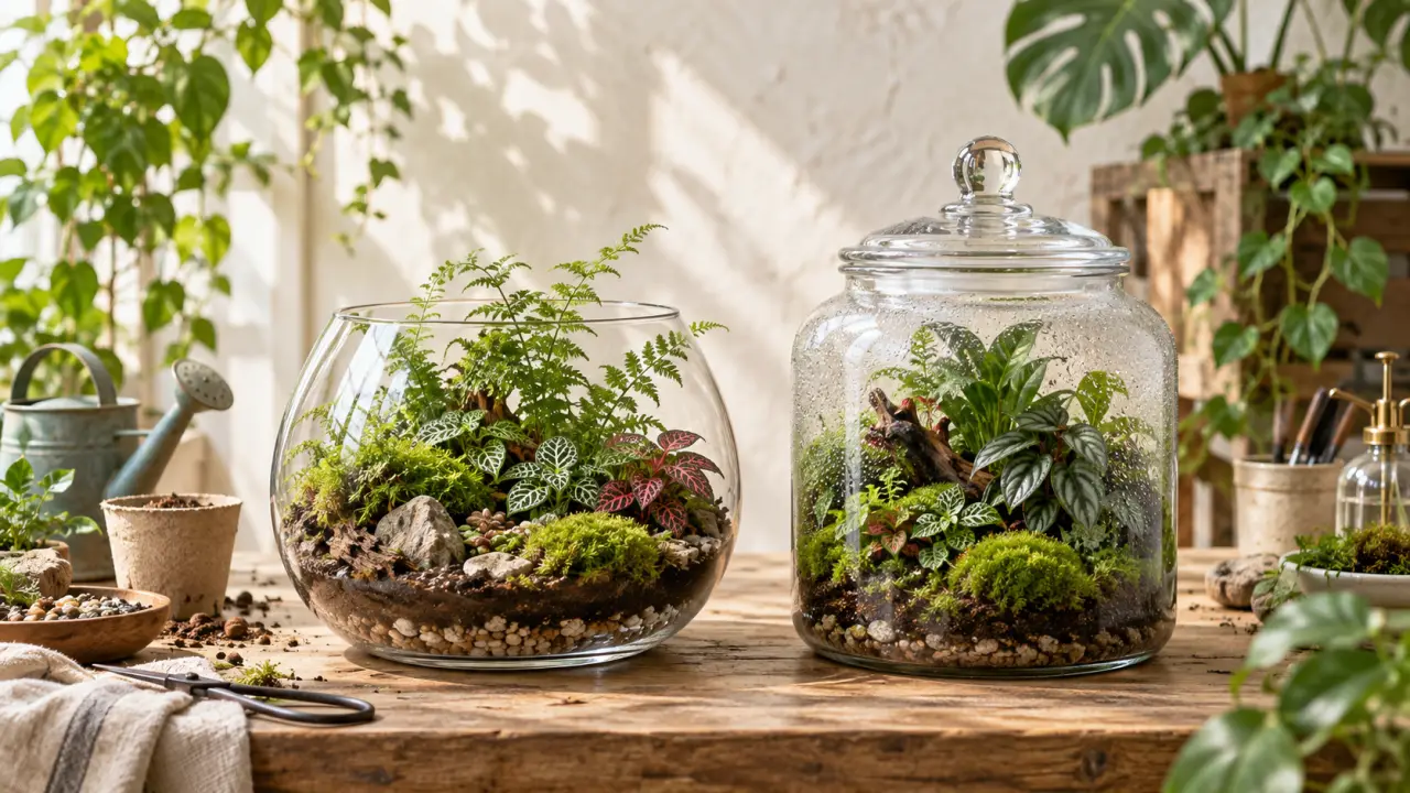 Terrarium artisanal ouvert et fermé dans un atelier lumineux