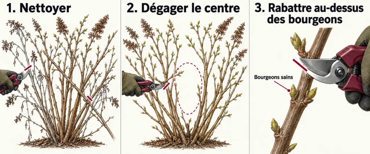 Illustration des gestes pour tailler un arbre à papillons Buddleja davidii en fin d’hiver