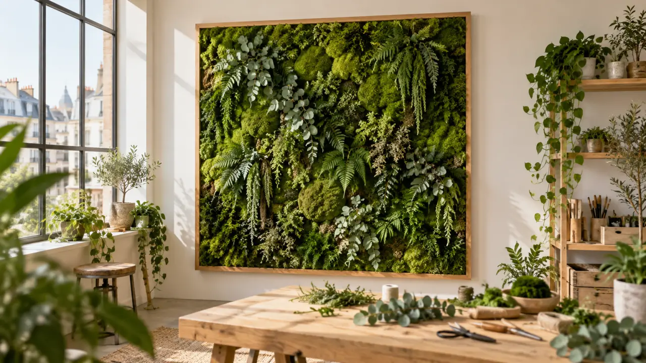Mur végétal stabilisé artisanal installé dans un intérieur lumineux