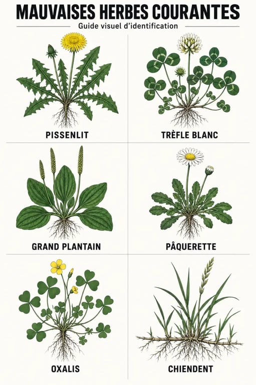 Liste de mauvaises herbes courantes avec pissenlit, trèfle blanc, plantain, pâquerette, oxalis et chiendent