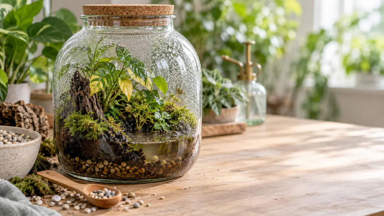 Terrarium fermé artisanal avec mousses et petites fougères dans un écrin de verre