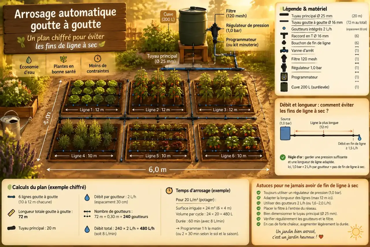 Schéma d’arrosage automatique goutte à goutte : un plan chiffré pour éviter les fins de ligne à sec