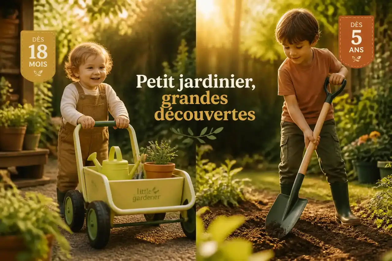 Outils de jardinage enfant : dès 18 mois au chariot, dès 5 ans à la bêche