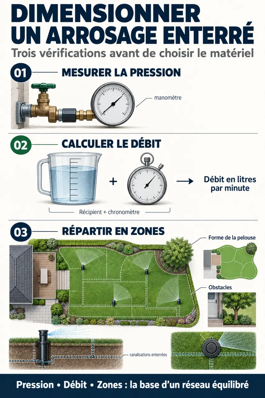 Infographie pour choisir un kit arrosage automatique pelouse enterré selon la pression, le débit et les zones