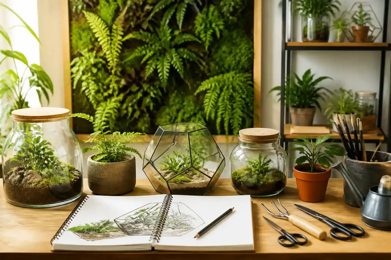 Brainstorming végétal dans notre atelier avec des plans, des terrariums et des outils d'artisanat