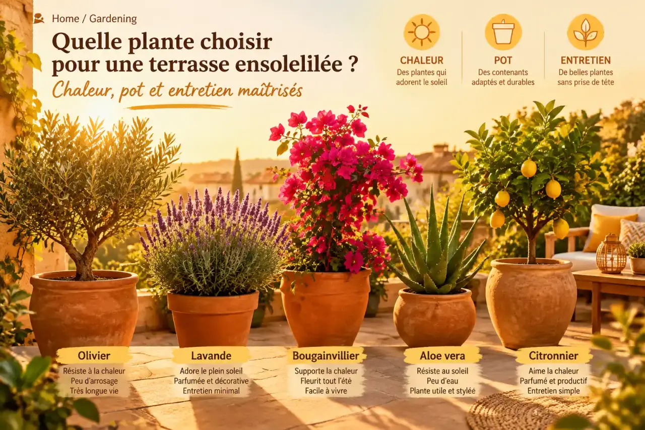 Quelle plante choisir pour une terrasse ensoleillée : chaleur, pot et entretien maîtrisés