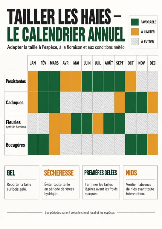 Infographie du calendrier pour tailler les haies selon les saisons et les types de haies
