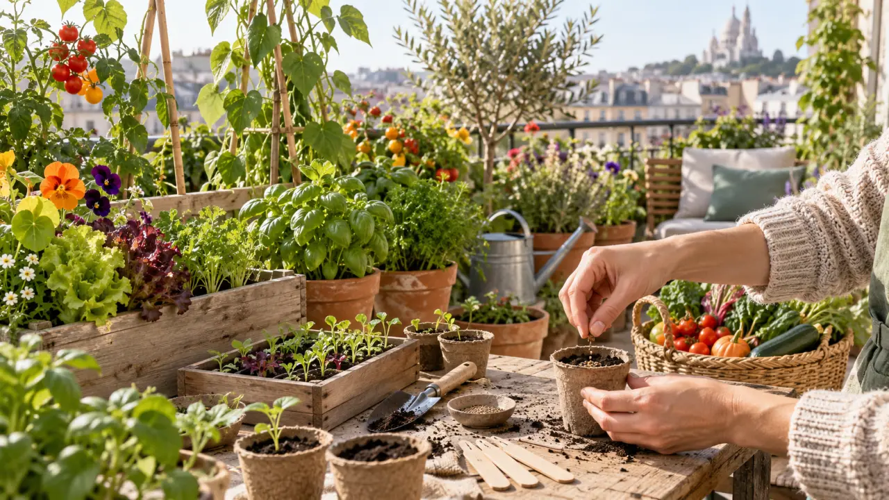Balcon urbain aménagé avec des jardinières potagères et des plantes comestibles