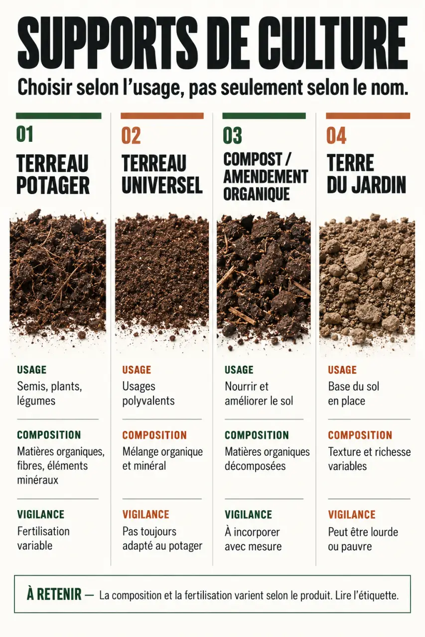 Comparatif visuel du terreau potager, du terreau universel, du compost et de la terre du jardin