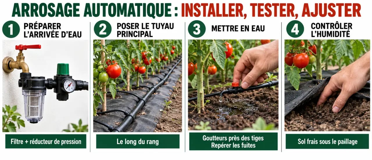 Installation d’un arrosage automatique tomates avec tuyau, goutteurs et contrôle de l’humidité du sol