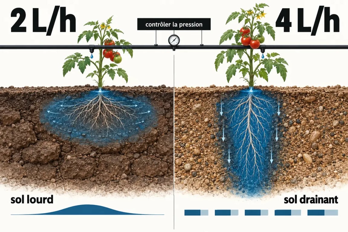 Comparaison des débits de goutteurs pour un arrosage automatique tomates selon le type de sol