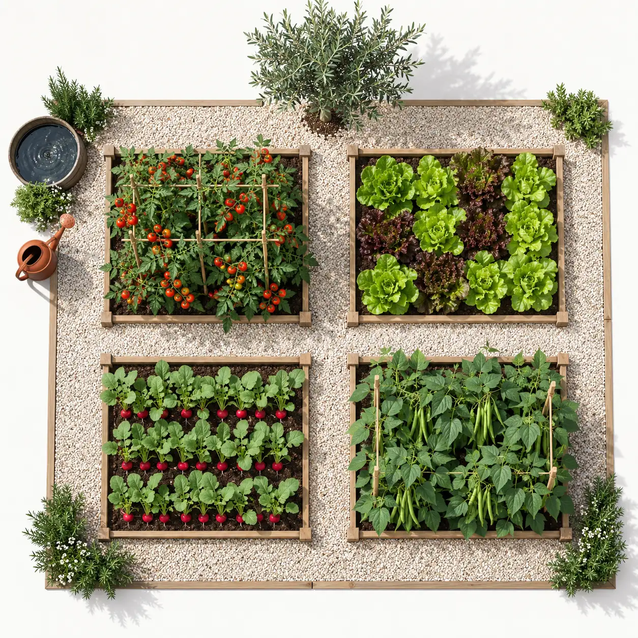 Plan potager débutant vu du dessus avec carrés de culture, allées et légumes faciles