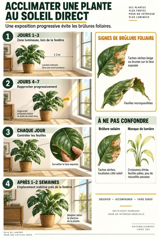Acclimatation progressive des plantes d’intérieur soleil direct et signes de brûlure