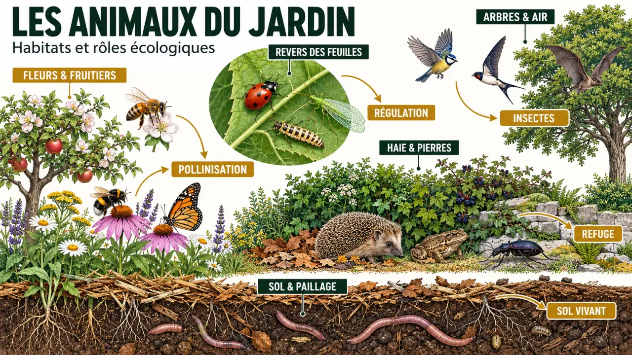 Infographie sur les animaux du jardin, leurs rôles et leurs habitats