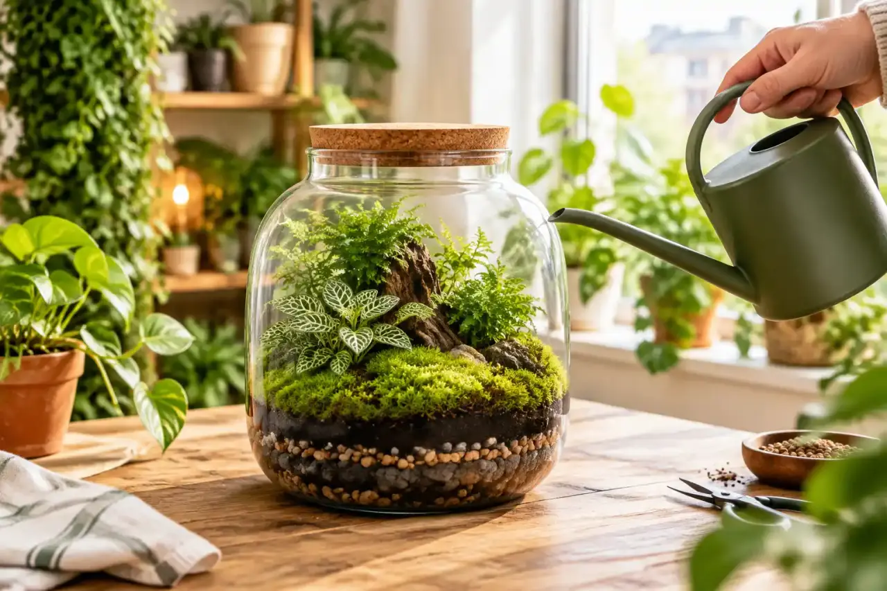 Terrarium fermé artisanal rempli de mousses et de petites plantes tropicales