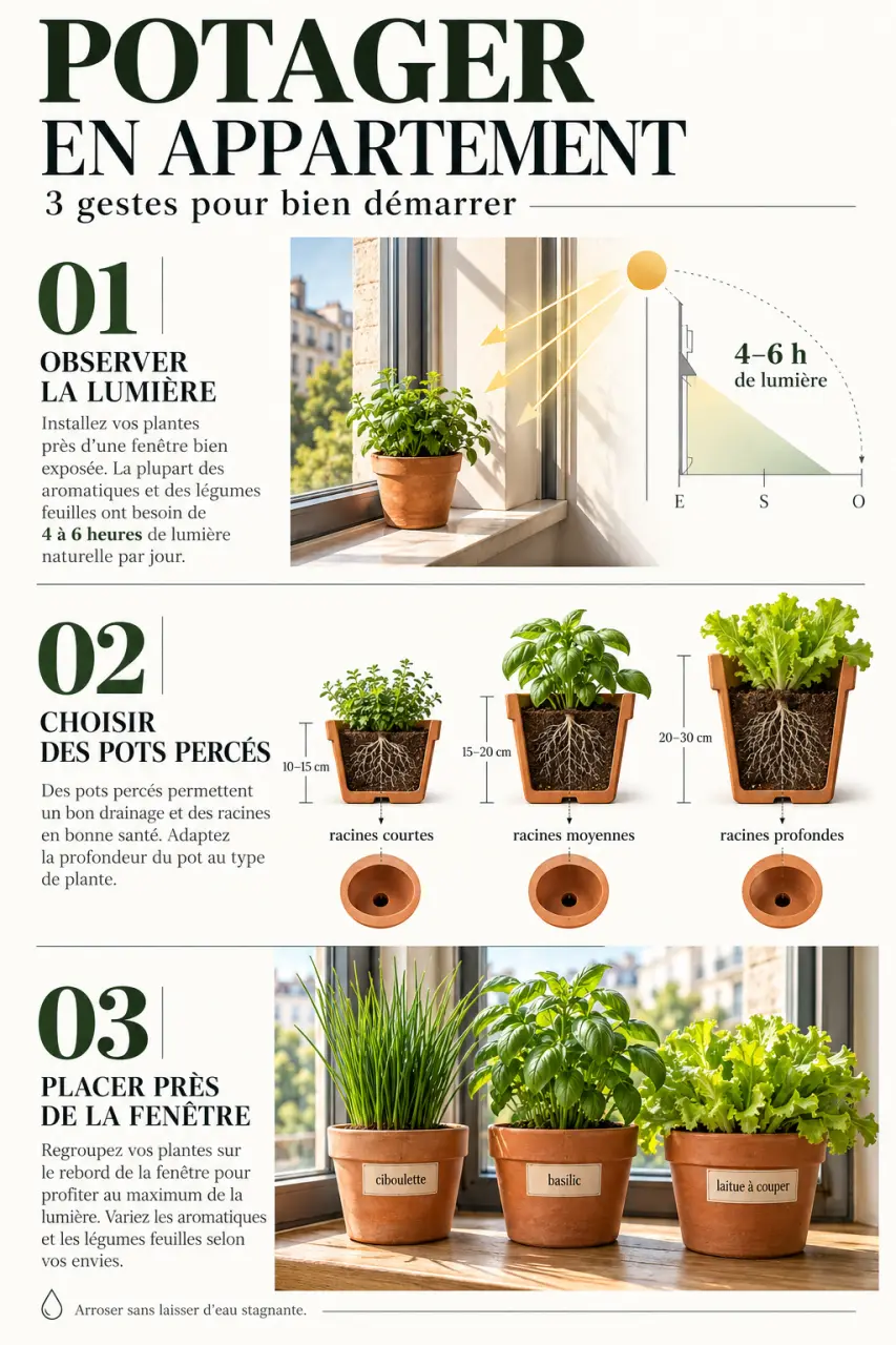 Potager en appartement installé près d’une fenêtre avec pots d’aromates et de laitue