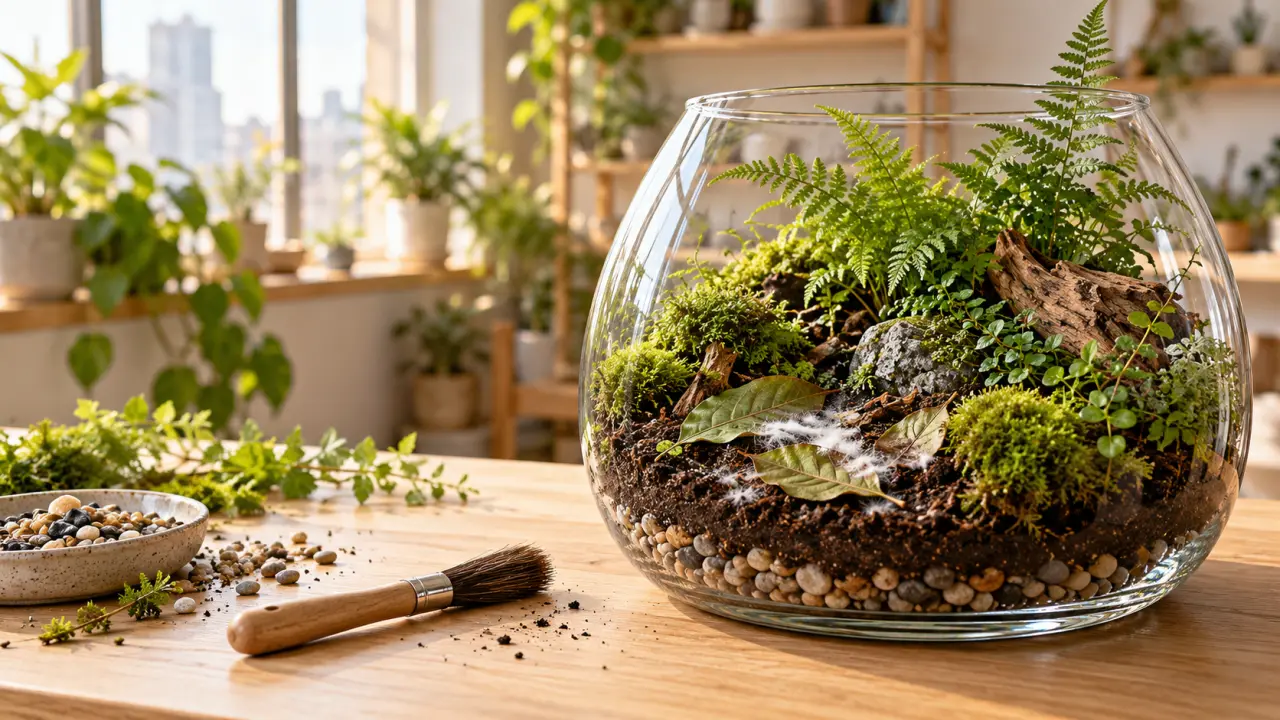 Terrarium artisanal en verre avec des plantes tropicales et des feuilles à surveiller