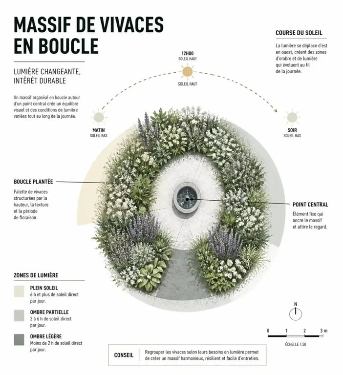 Schéma d'un massif de vivaces plein soleil organisé en boucle autour d'un point central